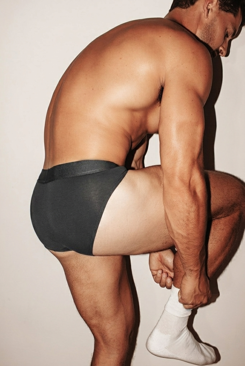 STRIKE PRO Core Cotton Hip Brief in Graphite grey, lifestyle view on model