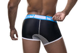 Side view of the PUMP! Drop Shot Boxer with the model tugging the blue logo waistband